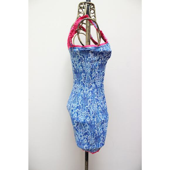 Rhode Resort Blue Jasmine Heart Hawaiian Smocked Mini Stretch Dress Small - Picture 4 of 6